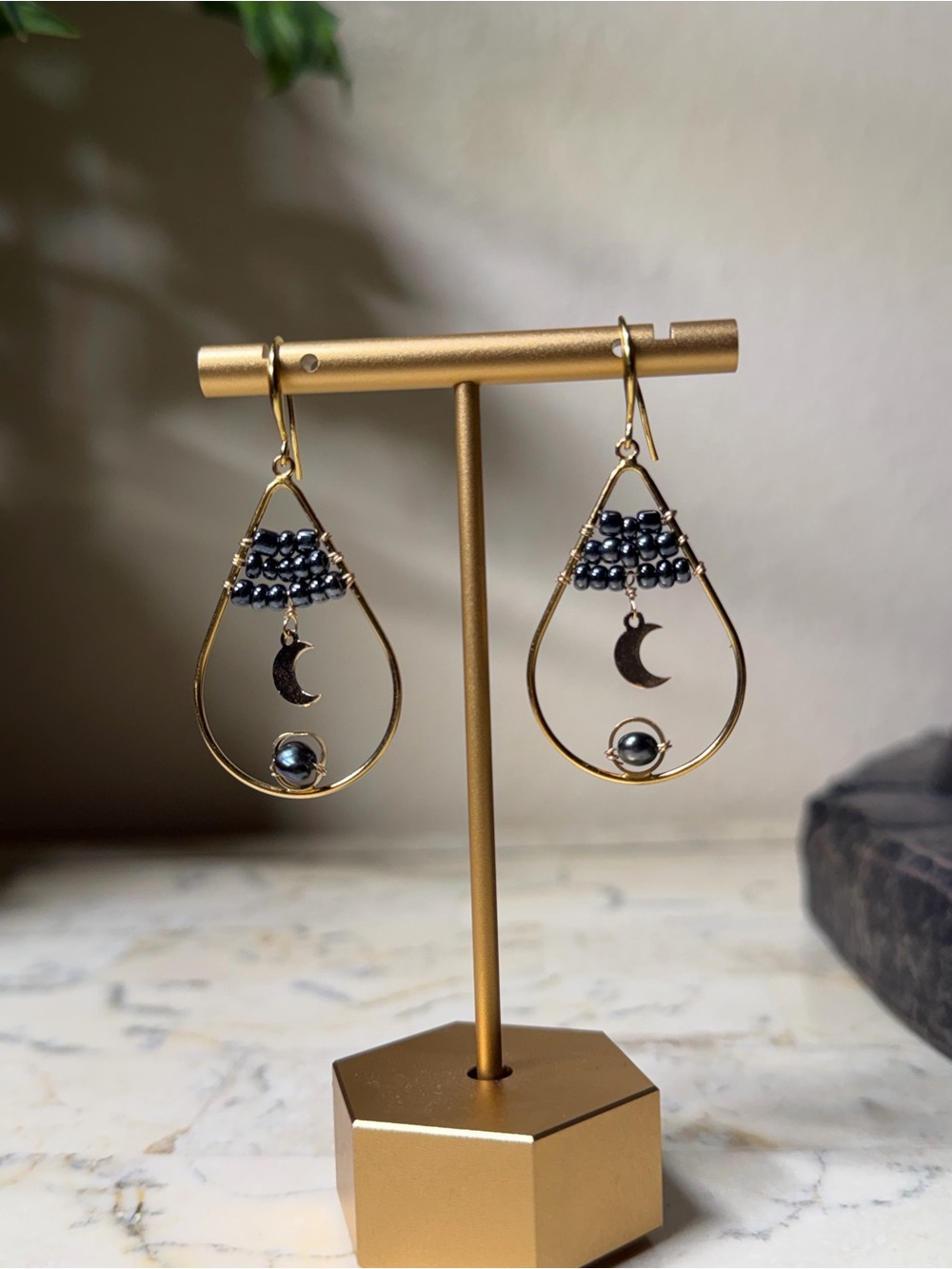 Gold Teardrop Moon & Bead Earrings With Pearls- Handmade